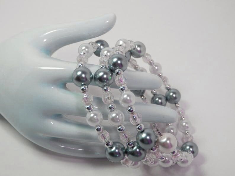 Memory Wire Cuff Bracelet wRound Pearled White Gray Iridescent Acrylic Beads Party Holiday Birthday Anniversary Gift Idea Clear Faceted