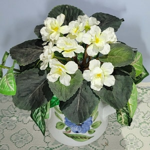 May include: A white ceramic planter with a floral design features a lush arrangement of white African violet flowers with dark green leaves.