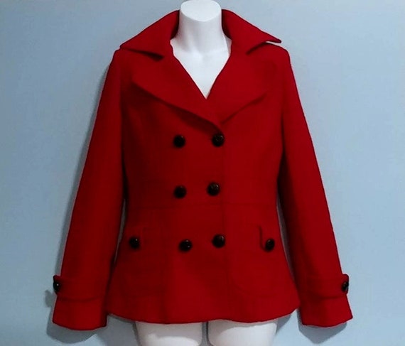 1990s Red Pea-Coat Style Coat Bust 36 Double Brea… - image 10