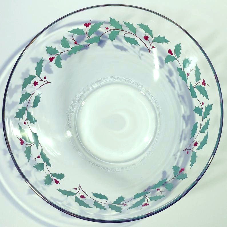 1980s 9x4.5 Christmas Glass Salad/Mixing Bowl by ARCOROC w/Holly Berry Pattern Cris d'Arques France Holiday Glassware Dinnerware Serveware image 5