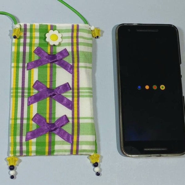 4x6 American Girl Doll Purse OR Mini Neck Pouch/Green Tartan Plaid Fabric w/Purple Bows/Petite Girly Necklace FOR Phone ID, Party Essentials