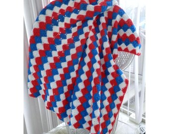NEW 60 x 65&quot; Crochet Shell Style Afghan Red White & Blue Patriotic Americana Veteran Inspired Colors Room/Occasion Unisex Handmade Gift idea