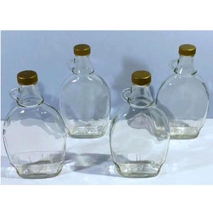 Set van 4 helderglazen drankflessen van 12 oz met handvat, draaideksel en dop Vier kannen flacons apothekers spreuken potten glaswerk EUC Collection
