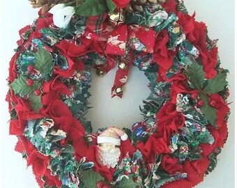 12&quot; New Fabric Christmas Rag Wreath w/Santa & Pine Cone Swag, Holly, Raffia Ring/Holiday Season Door Fireplace Mantel Wallhanging Decoration