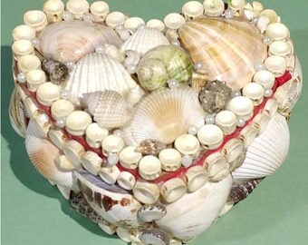 5x5x3 Sailor&#39;s Valentine Seashell Heart Trimket Box World War II Era Keepsake Memory Promise/Proposal Ring Jewelry Holder Beach House Decor