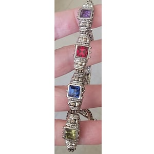 7.75" Antiqued Silvertone Toggle Bracelet w/Encrusted Ruby Red, Sapphire Blue, Peridot Green, & Amethyst Purple Gems Multi Colors Colorful