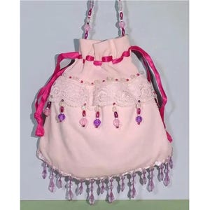 Fancy Pink Textile Drawstring Purse  w/Beaded Fringe. To Wear As Reticule/Flapper Style, Or Hang On Closet/Cabinet Door Knob As Sachet Decor