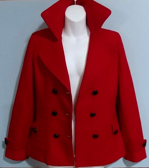 1990s Red Pea-Coat Style Coat Bust 36 Double Brea… - image 6