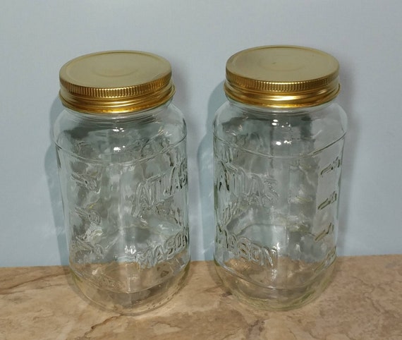 2 Matching 6.5 Tall Clear Glass Atlas Mason Jars Gold Metal Lid/cap Wide  Mouth Multipurpose Reusable Canning Glassware Pantry & Cabinet EUC 