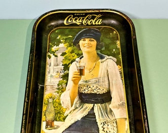 1973, 8x19 Drink Coca Cola Tin Tray 1920s "Autumn Girl" USA Made Serving Hosting Metal Wall Hanging Advertising Memorabilia Branding Display