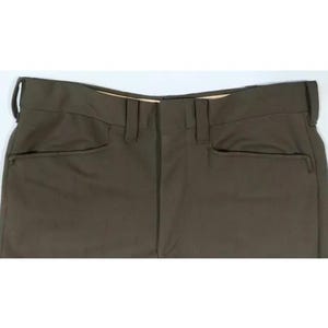 1970s, 33W, 31 Inseam Rise 11 Retro Slacks Olive Drab Military Green 100% Polyester Straight Leg Permanent Press Trousers Mid-century Pants