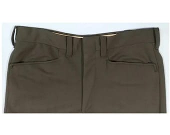 1970s, 33W, 31 Inseam Rise 11 Retro Slacks Olive Drab Military Green 100% Polyester Straight Leg Permanent Press Trousers Mid-century Pants