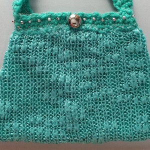 Unique Petite Teal Green Upcycled Knit Sweater Handbag w/Crochet Handle & Metallic Accents, OOAK Hand Made Repurposed Fashionable Gift Idea image 3