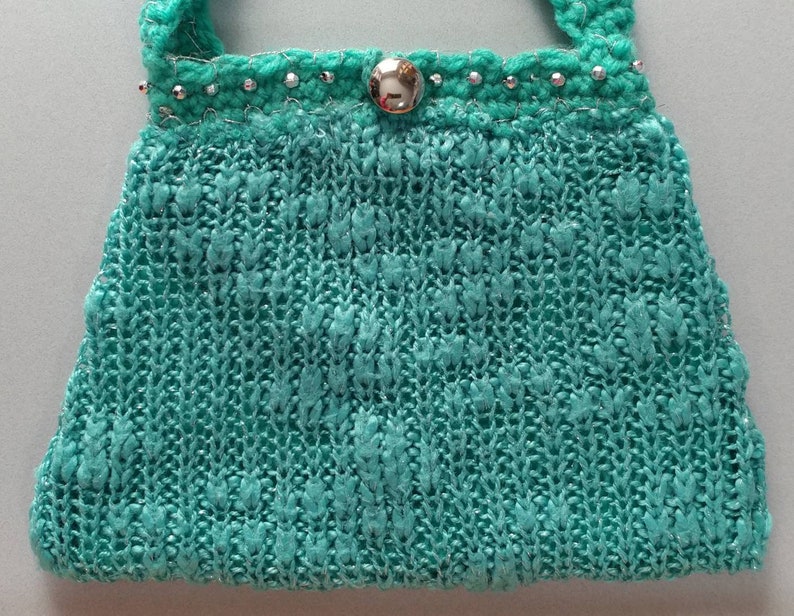 Unique Petite Teal Green Upcycled Knit Sweater Handbag w/Crochet Handle & Metallic Accents, OOAK Hand Made Repurposed Fashionable Gift Idea image 3