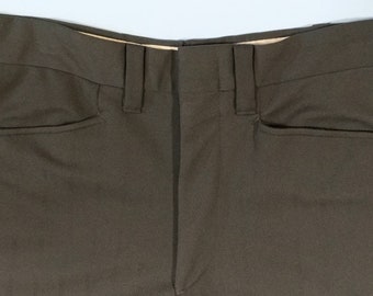 1970s, 33W, 31 Inseam Rise 11 Retro Slacks Olive Drab Military Green 100% Polyester Straight Leg Permanent Press Trousers Mid-century Pants