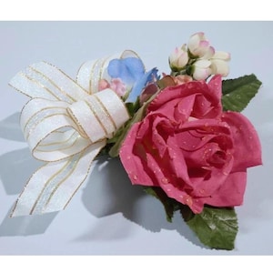 Silk Flower Pin Corsage, Dew Drop Magenta Princess Elise Rose w/White & Gold Ribbon Bow/Birthday Anniversary Party Dress Blazer Lapel Brooch