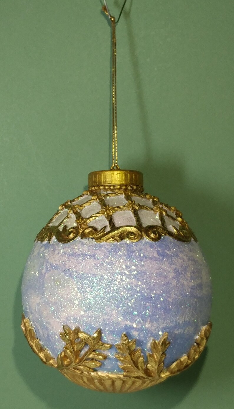 Rare XL 6.5T x 5W Glittered Christmas Ornament Blue White Victorian Style Gold Repousse Scrollwork Holiday Hanging Tree Collect Decoration