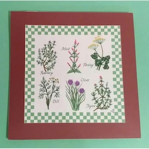 18x18 Botanical Herb Print On Linen Fabric w/Brown Mat, Foam Board Backing Ready For Framing Country French Kitchen Mantel Or Shelf Display