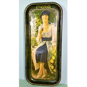 1973, 8x19 Drink Coca Cola Tin Tray 1920s &quot;Autumn Girl&quot; USA Made Serving Hosting Metal Wall Hanging Advertising Memorabilia Branding Display