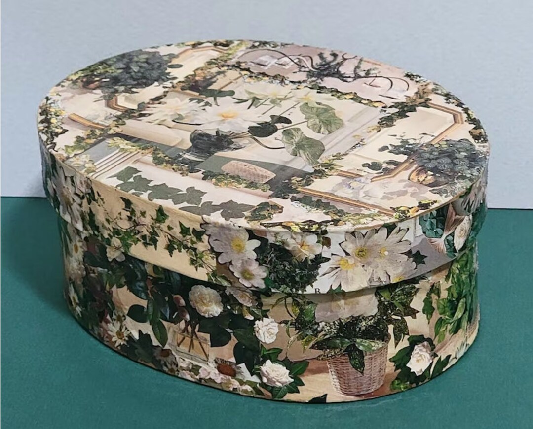 5x7x3 Oval Decoupage Paper Mache Box Eco Craft Art Hand Design White