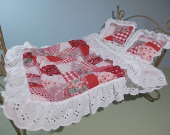 3 Pc 16x23 Doll Bedding Set Pieced Bedspread w/Eyelet Lace, 2 Mini Pillows Red & White Color Crazy Quilt Style Child Pretend Play Gift Idea