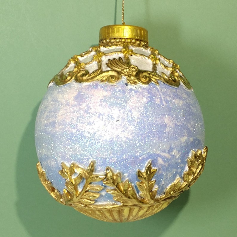 Rare XL 6.5T x 5W Glittered Christmas Ornament Blue White Victorian Style Gold Repousse Scrollwork Holiday Hanging Tree Collect Decoration