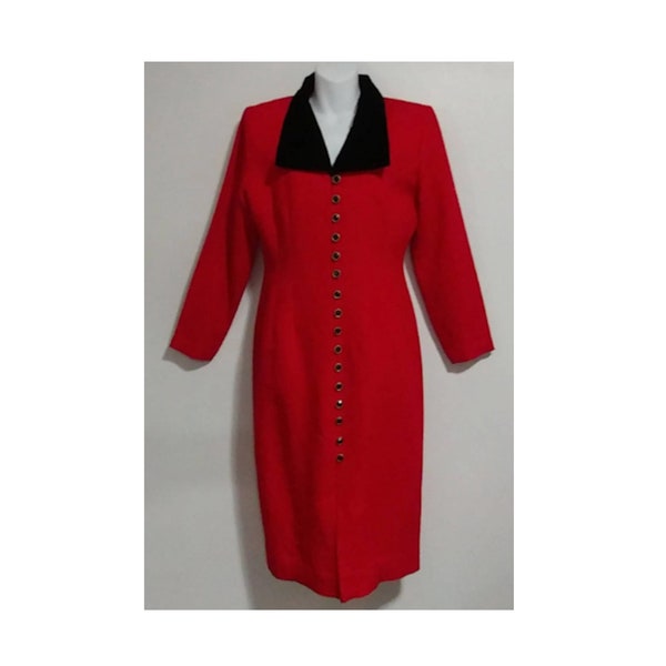 1980s Size 9/10 Bust 38 by Dawn Joy Fashions Red Sheath Dress/Coat Wide Black Collar Bell Sleeves Midi Length Office Career Cocktail Holiday