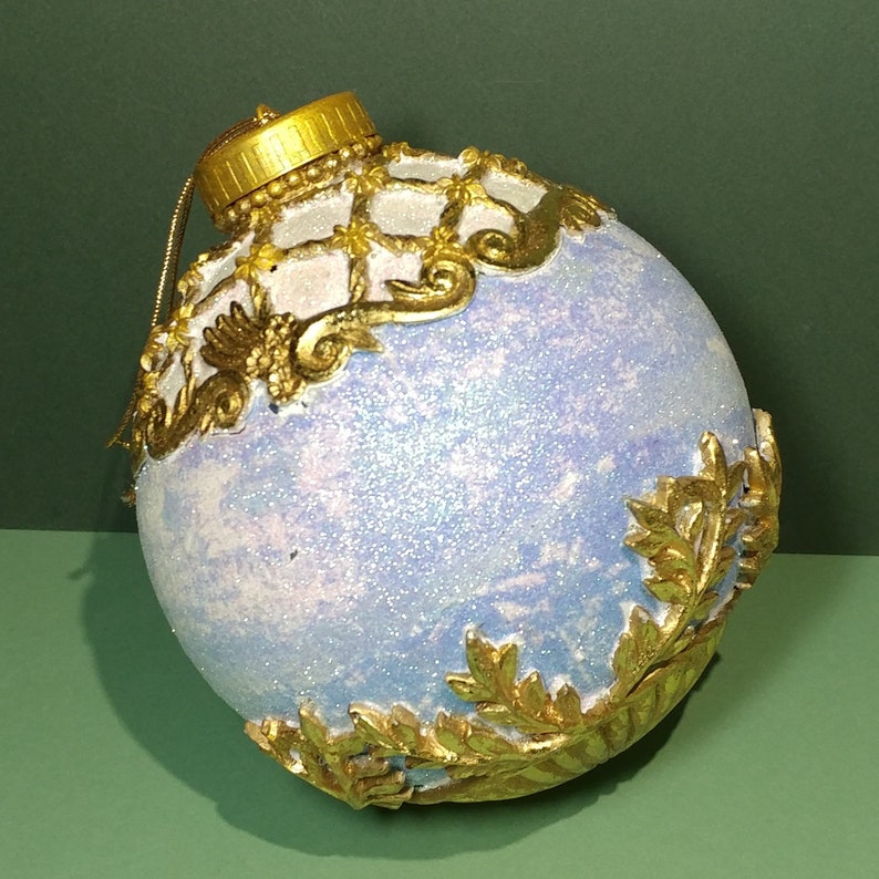 Rare XL 6.5T x 5W Glittered Christmas Ornament Blue White Victorian Style Gold Repousse Scrollwork Holiday Hanging Tree Collect Decoration