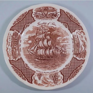 Jaren 1970, 10,5&quot; Alfred Meakin dinerbord Staffordshire Engeland Fair Winds bruin en wit transferware Friendship of Salem China-Amerikaanse handel