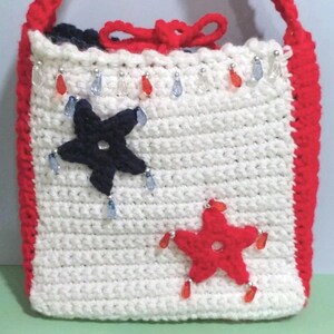 Patriotic Two-Sided Crochet Bag Americana Inspired Red White & Blue Beaded Star Appliques FOR Festivals School Every Day Year-Round Fashion