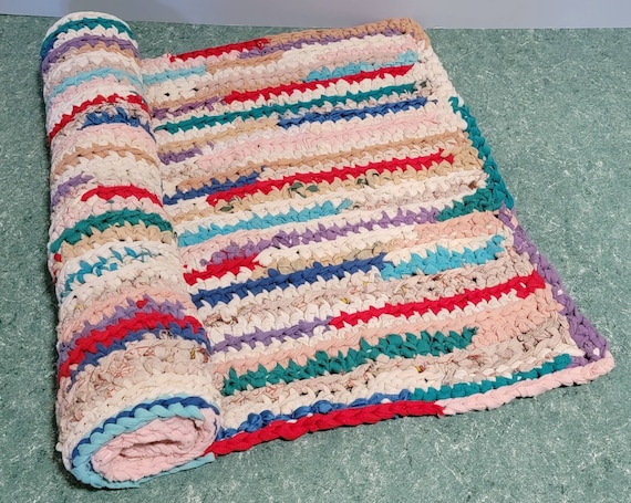 CLEARANCE 34x22 Crochet Tshirt Rag Rug Floor Door Bath Sink Laundry/pet Mat  Handmade Cottage Farmhouse Carpet Recycled From Scratch Decor 