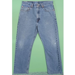 May include: A pair of light blue denim jeans with a straight leg fit.