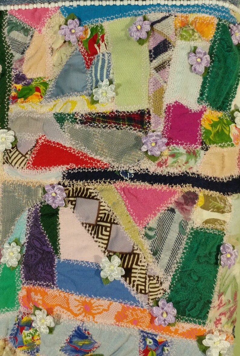 8x12 Hippie Fabric Art Pouch Festival Gypsy Crazy Quilt Style Denim Sack Patchwork Flowers Multicolor Multipurpose Tablet Reader Holder Gift