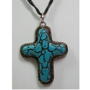 Cross Pendant Necklace Turquoise Color w/Cobblestone Design Emo Black Braid Cord Inspirational Symbol Unisex Costume Neckwear Accessory Gift