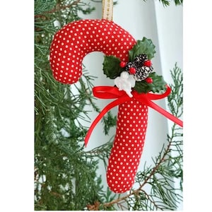 6.5&quot;T Handmade Red & White Polka Dot Fabric Candy Cane Tree Ornament Holiday Christmas Bowl Basket Tuck Door Knob Hanger Gift Package Topper