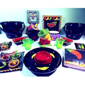 14 Pc Mexican Fiesta Taco Party Theme Set Decor w/Garland, Chip & Dip, Bucket, Napkins, Shot Glass, Drink ID Charms, Stirrers, Chili Bowls