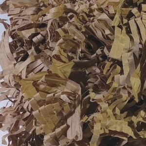 May include: A close-up of brown and tan shredded paper, commonly used as packing material for shipping fragile items.