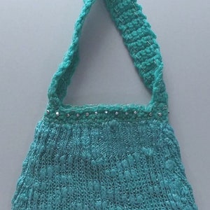 Unique Petite Teal Green Upcycled Knit Sweater Handbag w/Crochet Handle & Metallic Accents, OOAK Hand Made Repurposed Fashionable Gift Idea image 2