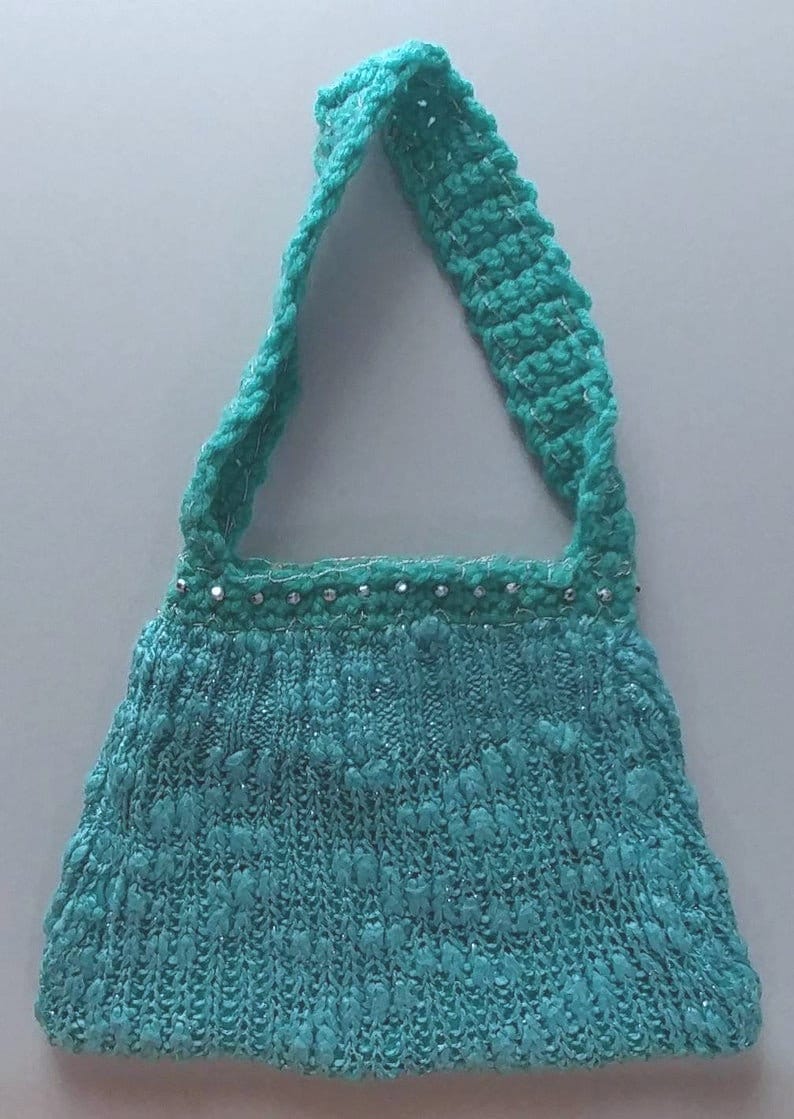 Unique Petite Teal Green Upcycled Knit Sweater Handbag w/Crochet Handle & Metallic Accents, OOAK Hand Made Repurposed Fashionable Gift Idea image 2