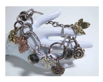 7" Fall Inspired Bracelet w/Gold Silver Copper Tone Charms Resin Flowers Metal Leaves Wide Antiqued Chain Link Everyday Year Round Gift Idea