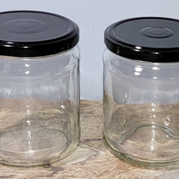 Choice of 4 1/4 - 4 3/8 T x 3 1/4" W Clear Glass Jars w/Black Metal Caps Wide Mouth Multi-Purpose Reusable Glassware Kitchenware Houseware