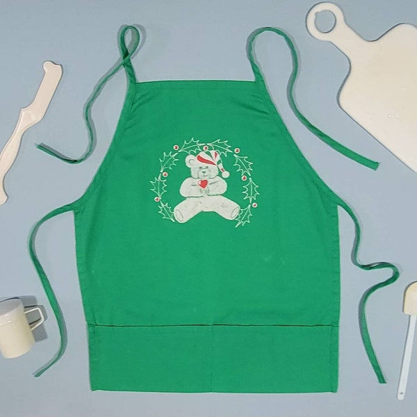 1990s Full-Size Junior Chef Green Canvas Christmas Apron White Heart & Holly Teddy Bear Design Holiday School Projects Home Cooking Crafting