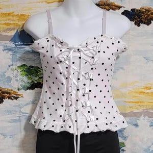 1990s Bust 27&quot; White & Black Polka Dot Corset Style Lace Up Crop Top w/Satin Ribbon Ties, Cotton Lycra Stretch Fabric Hook and Eye Back Sz M