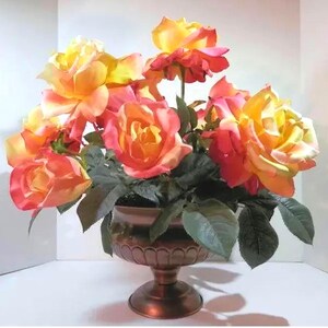 Splendid Variegated Yellow & Pink Realistic Pease Silk Roses Centerpiece In A Copper Grecian Style Urn  Table Mantel Year-round Display Gift
