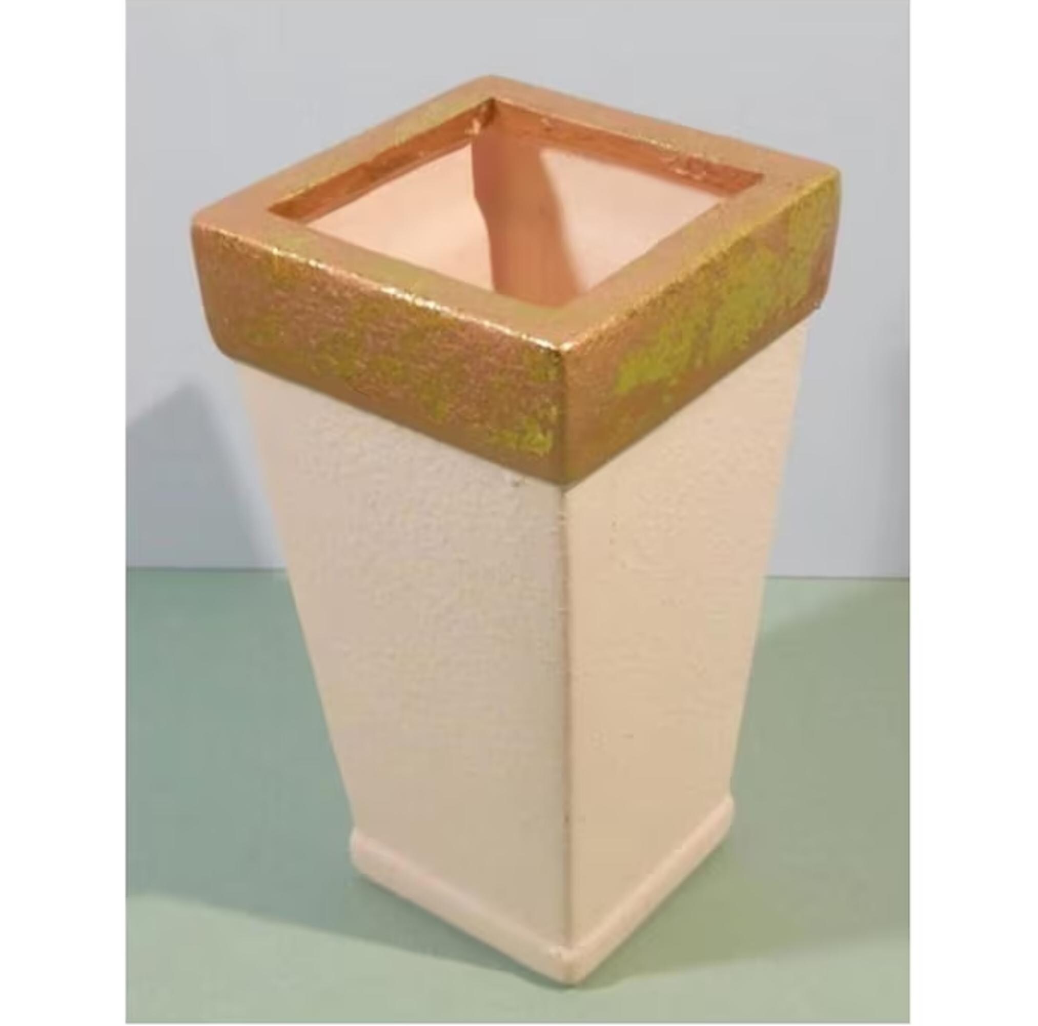 1950s 6" Tall SIA Floral Vase, Sand Textured Stucco, Mid-Century Modern Cream w/Gold Leaf Rim/Pottery Flower Arrangement Display Container