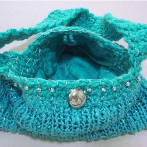 Unique Petite Teal Green Upcycled Knit Sweater Handbag w/Crochet Handle & Metallic Accents, OOAK Hand Made Repurposed Fashionable Gift Idea image 7