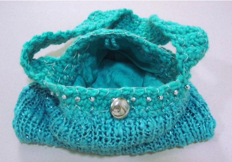 Unique Petite Teal Green Upcycled Knit Sweater Handbag w/Crochet Handle & Metallic Accents, OOAK Hand Made Repurposed Fashionable Gift Idea image 7