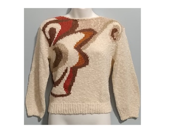 1980s Retro Sweater Bust 36 Abstract Machine Knit Design by Segue 3/4 Sleeve Pull-Over Cream & Brown Earthtone Neutral Tones Every Day Wear
