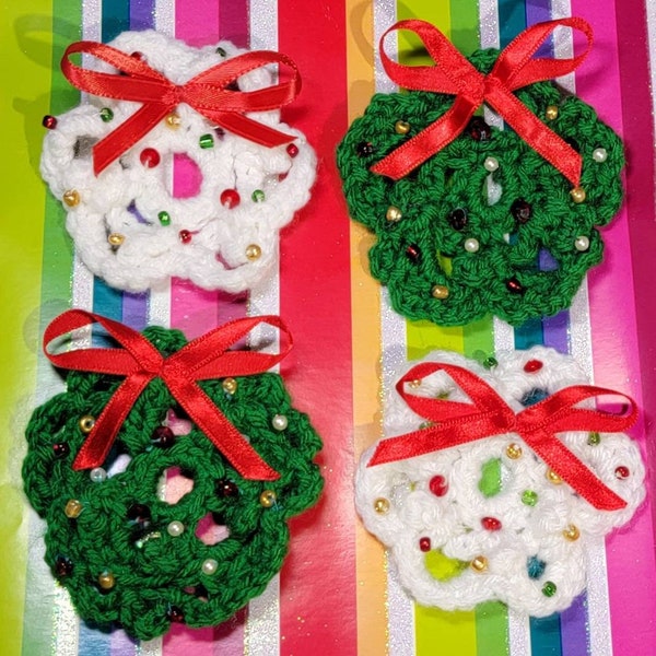 Choice 1-4  Mini 3" Crochet Holiday/Christmas Wreath Brooch/Lapel Dress Hat Pin Coat Jacket Purse Package Toppers Favors Ornaments Gift Tags