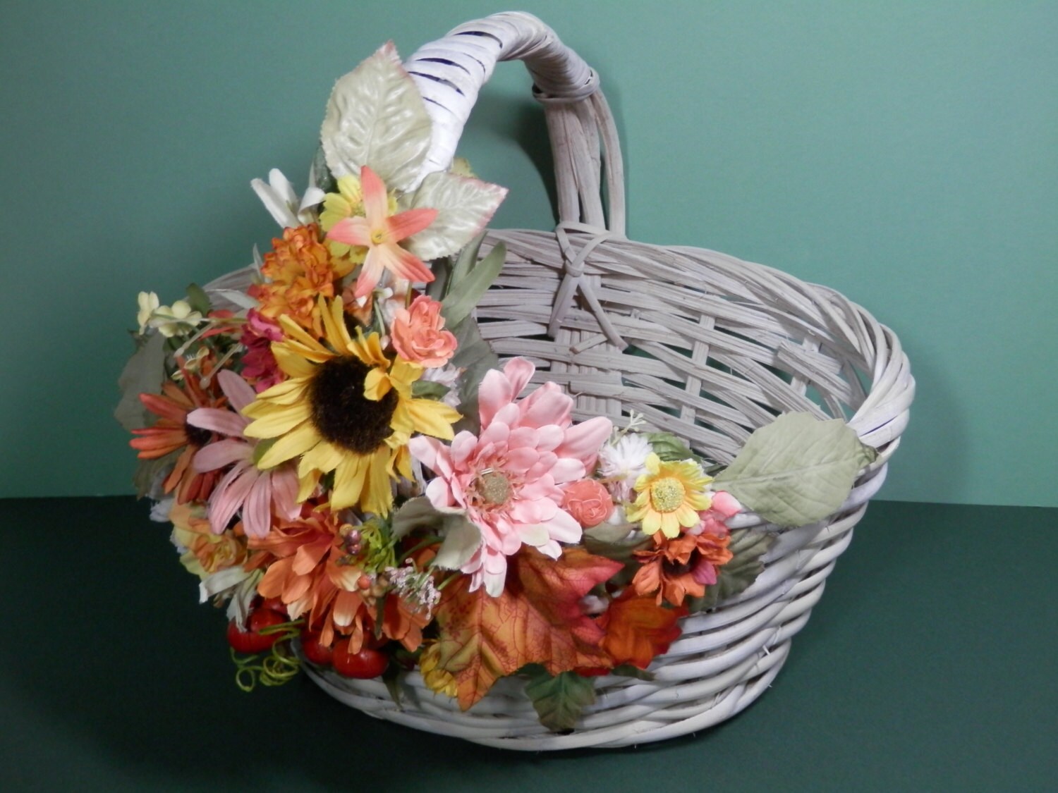 12x15x13 White Wicker Silk Flower Decorated Gathering Basket Etsy